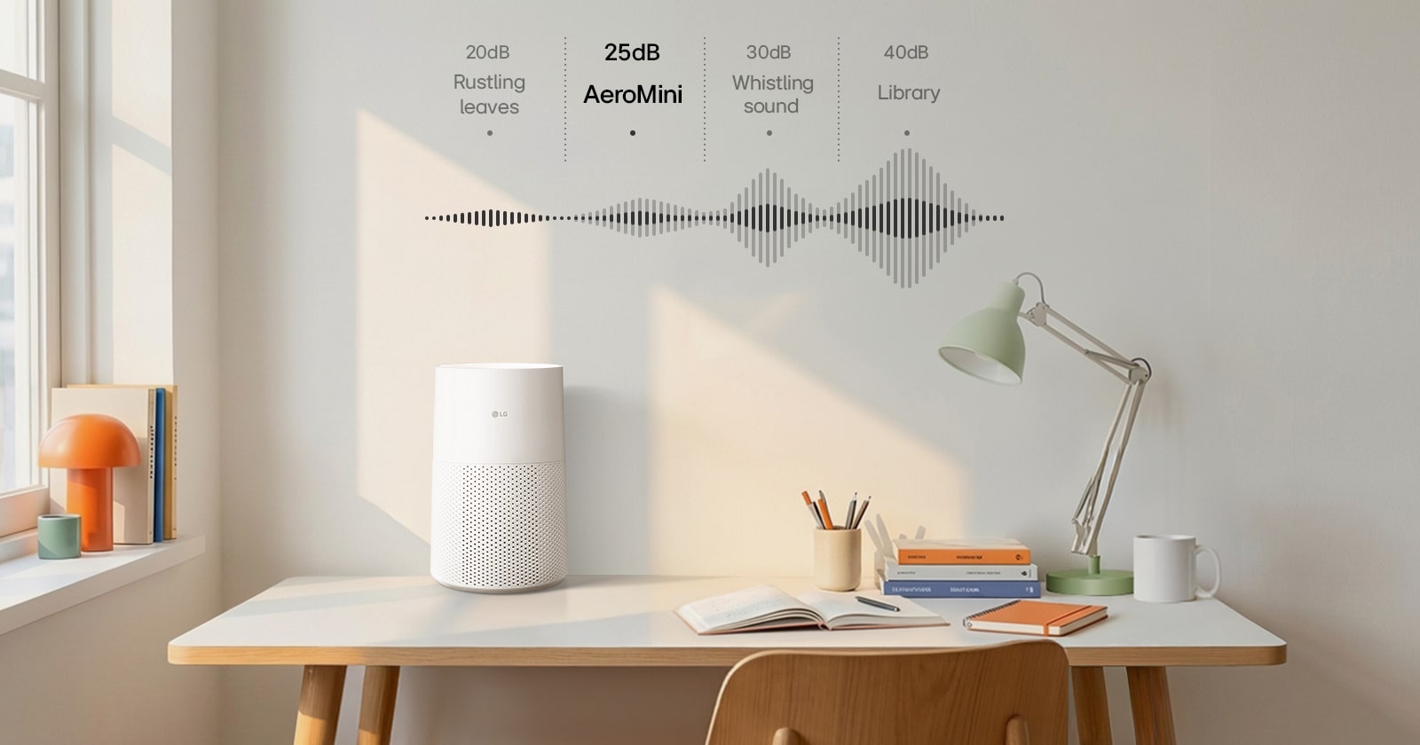 LG AeroMini 25dB sound comparison in a study room