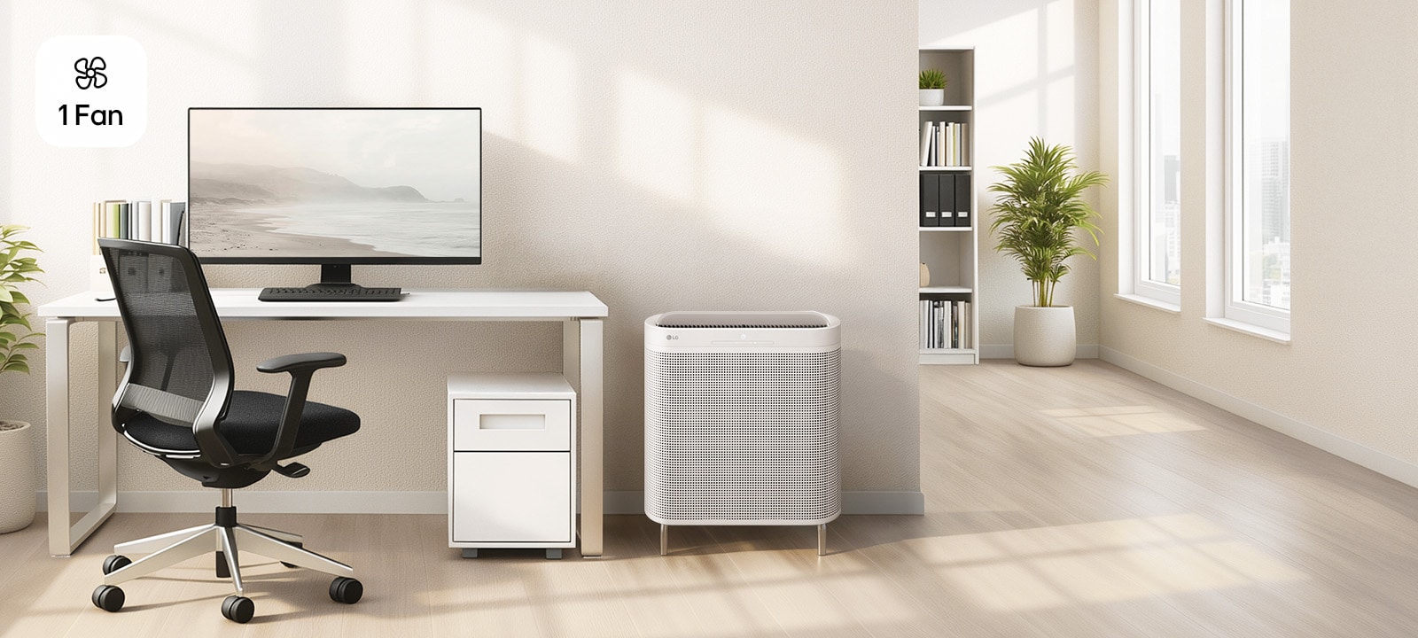 Calming Beige WallFit stand model in a home office