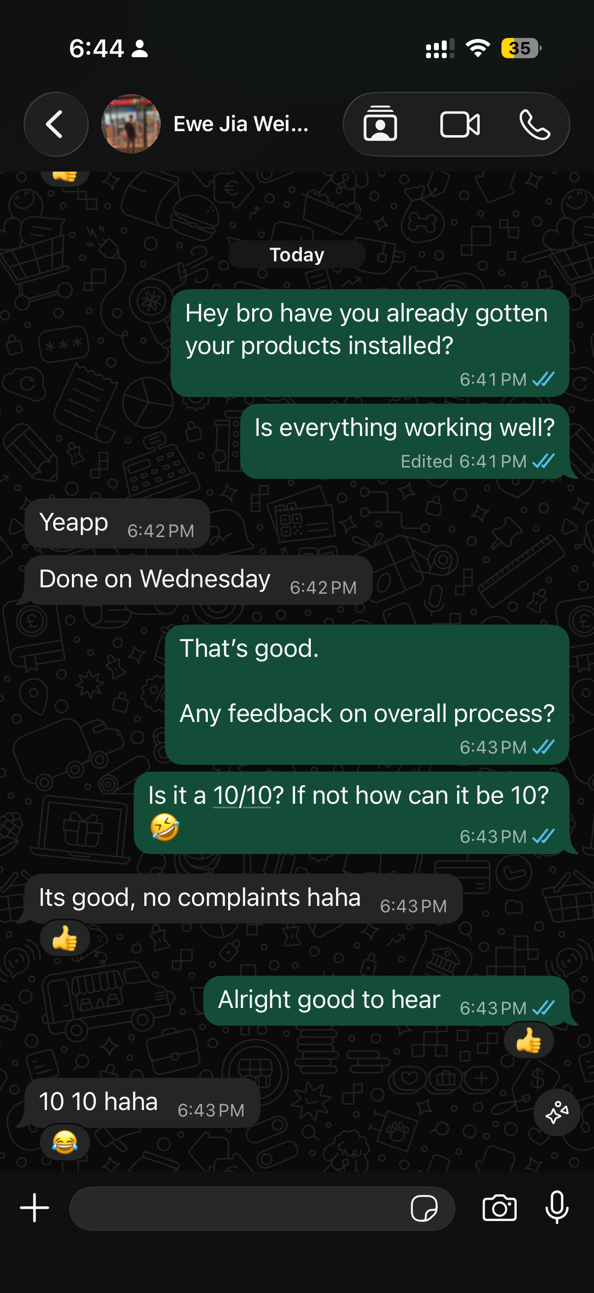 WhatsApp conversation with Ewe Jia Wei