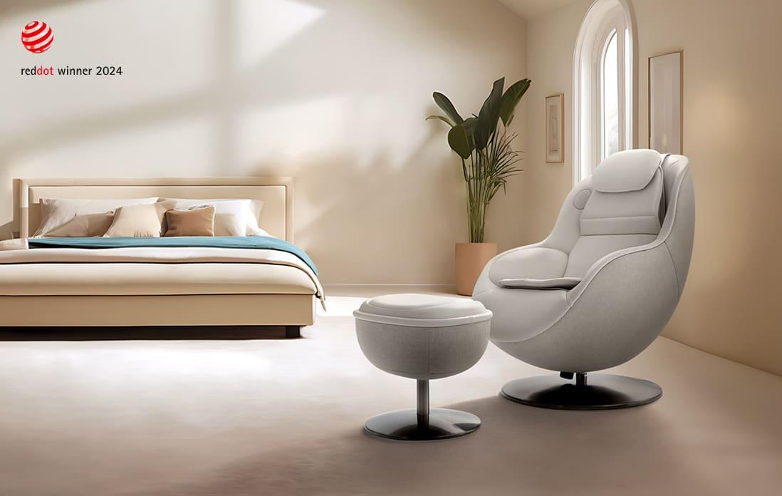 Massage recliner beside a modern sofa.