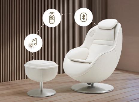 Massage recliner with comfort, remote, and bluetooth icons.