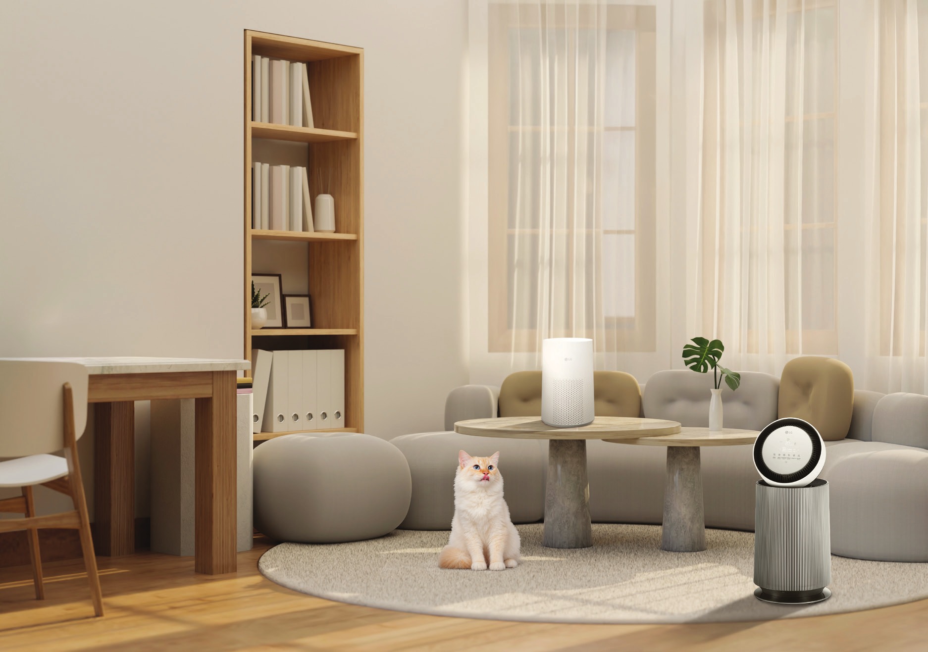 LG AeroMini and PuriCare air purifiers in a living room