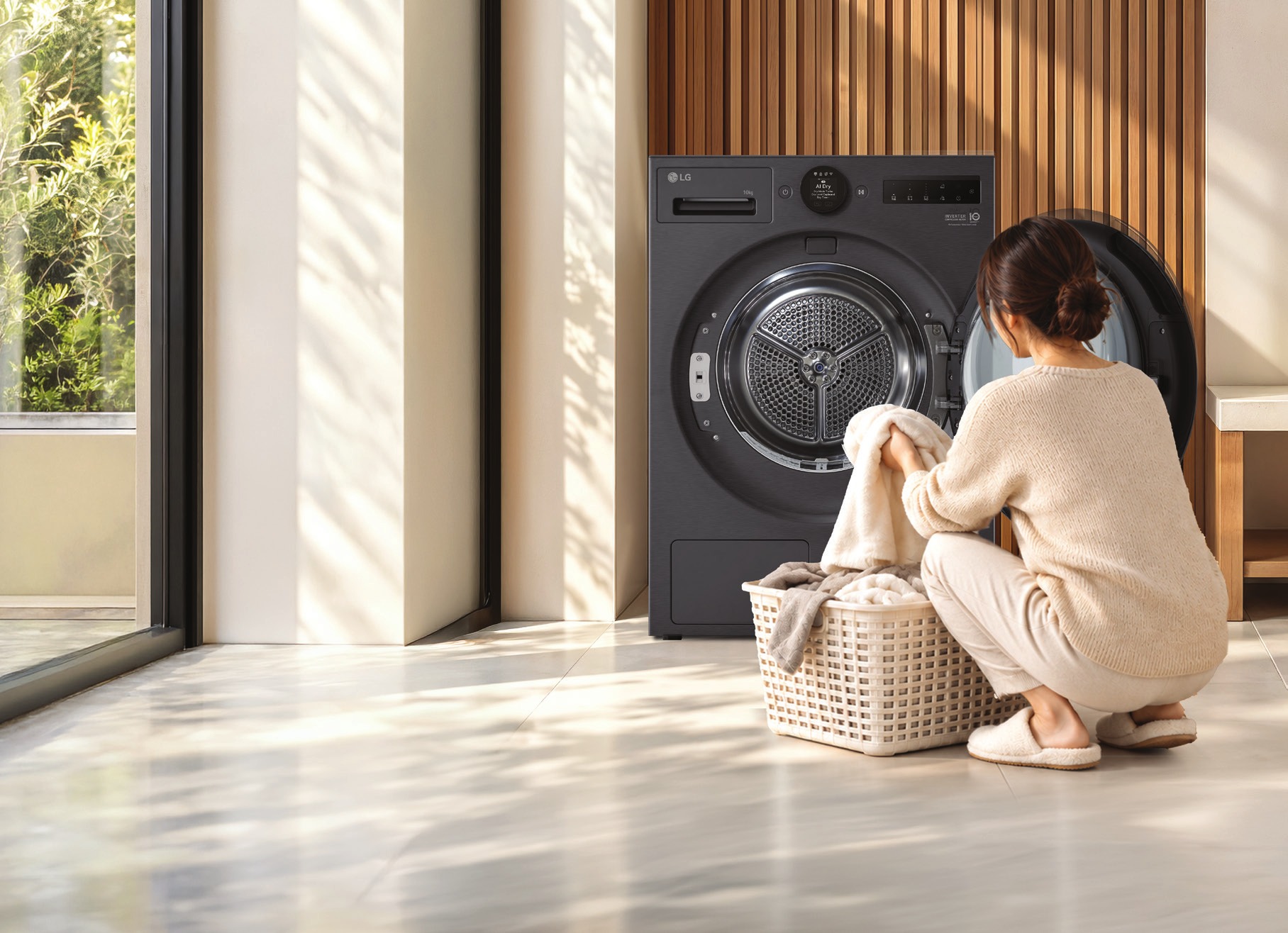 LG heat-pump dryer in a laundry room