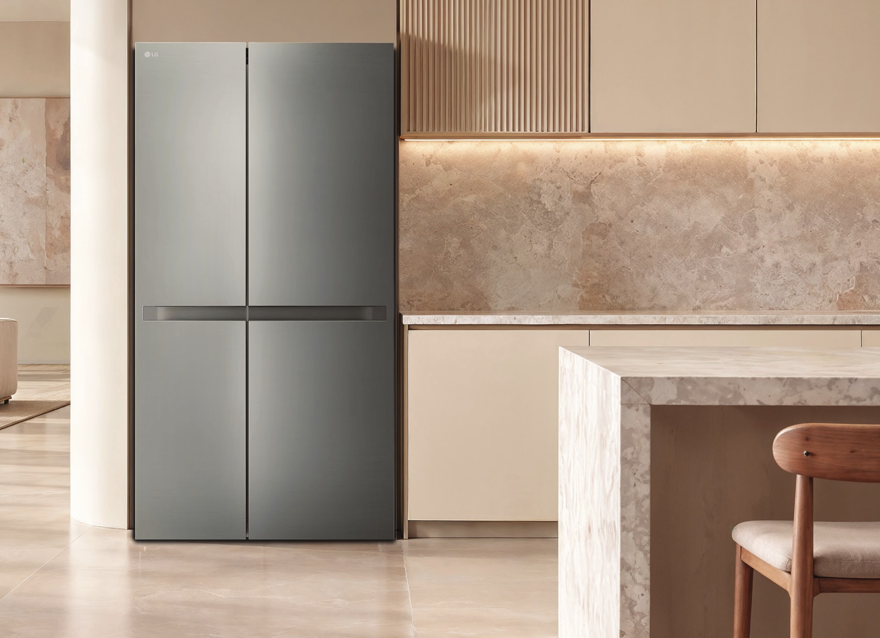 GC-B257KLJR silver side-by-side refrigerator in the October LG brochure kitchen setting