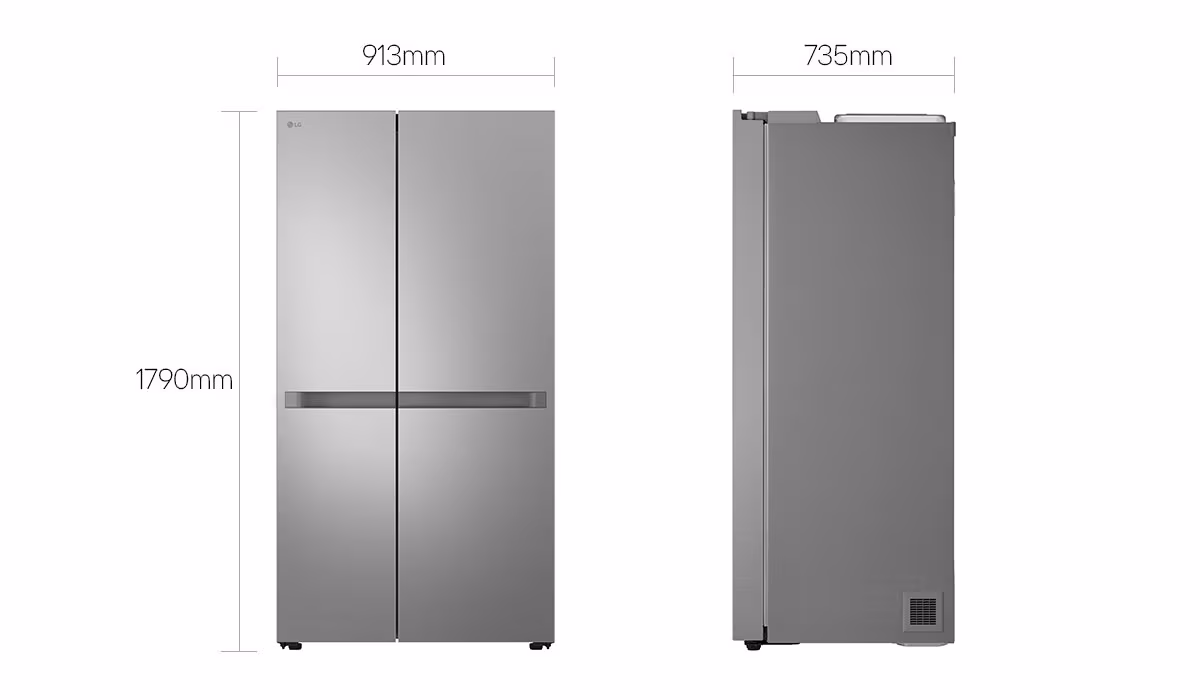 GC-B257KLJR front and side: 913 mm wide, 1790 mm high and 735 mm deep