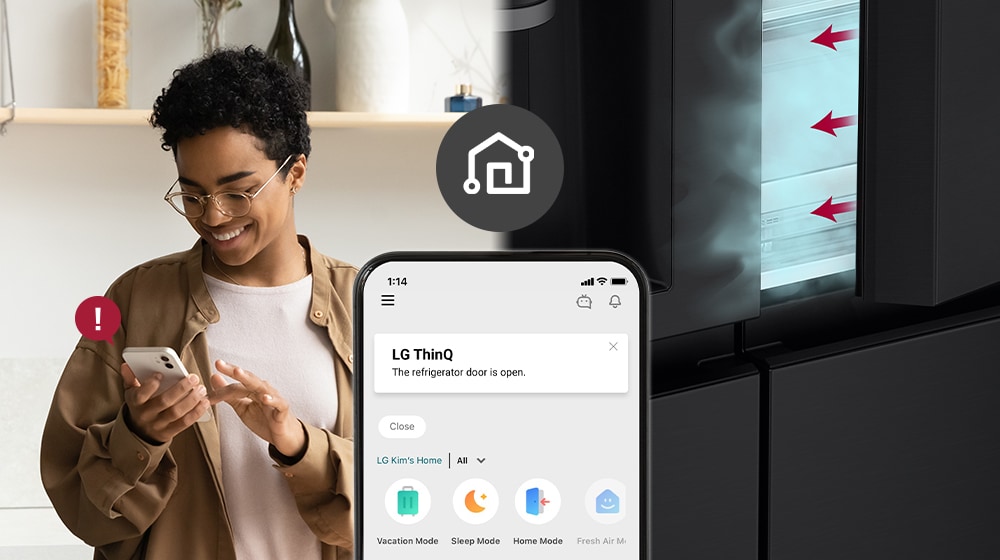 Woman looking at smartphone receiving open door alert notification.