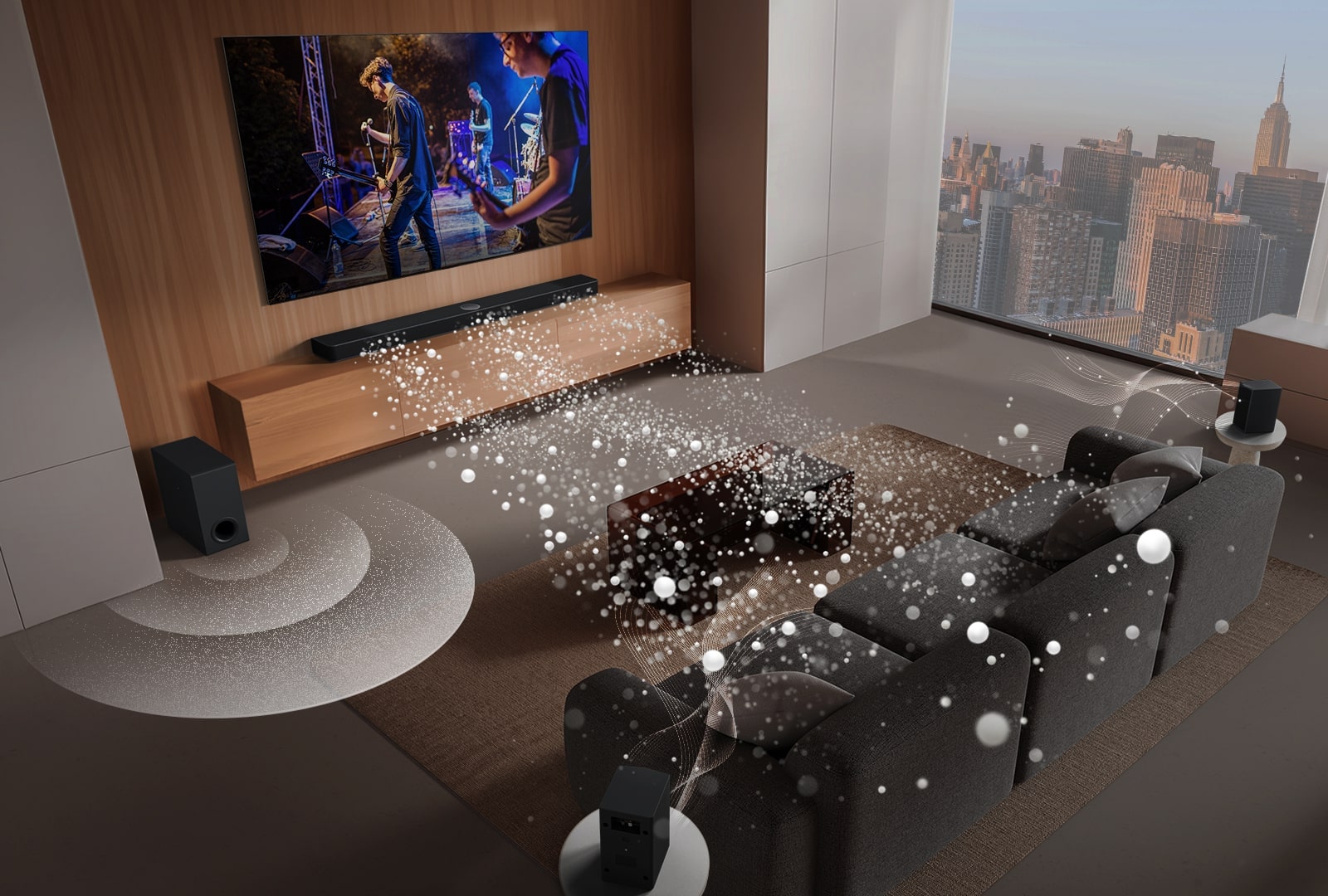 S60TR surround sound in a living room performance scene.