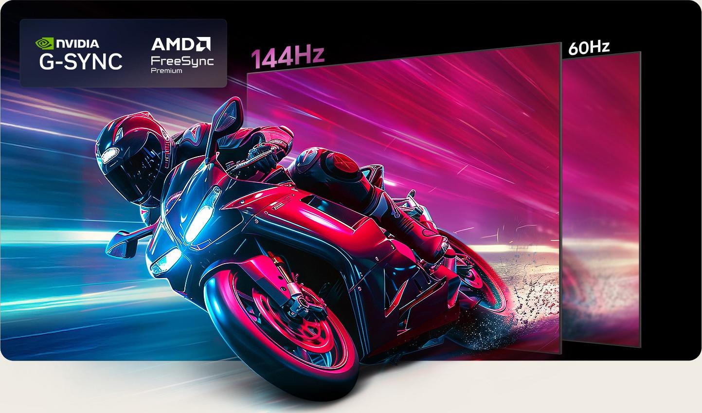LG B6 gaming comparison labelled 144Hz and 60Hz with NVIDIA G-SYNC and AMD FreeSync Premium logos
