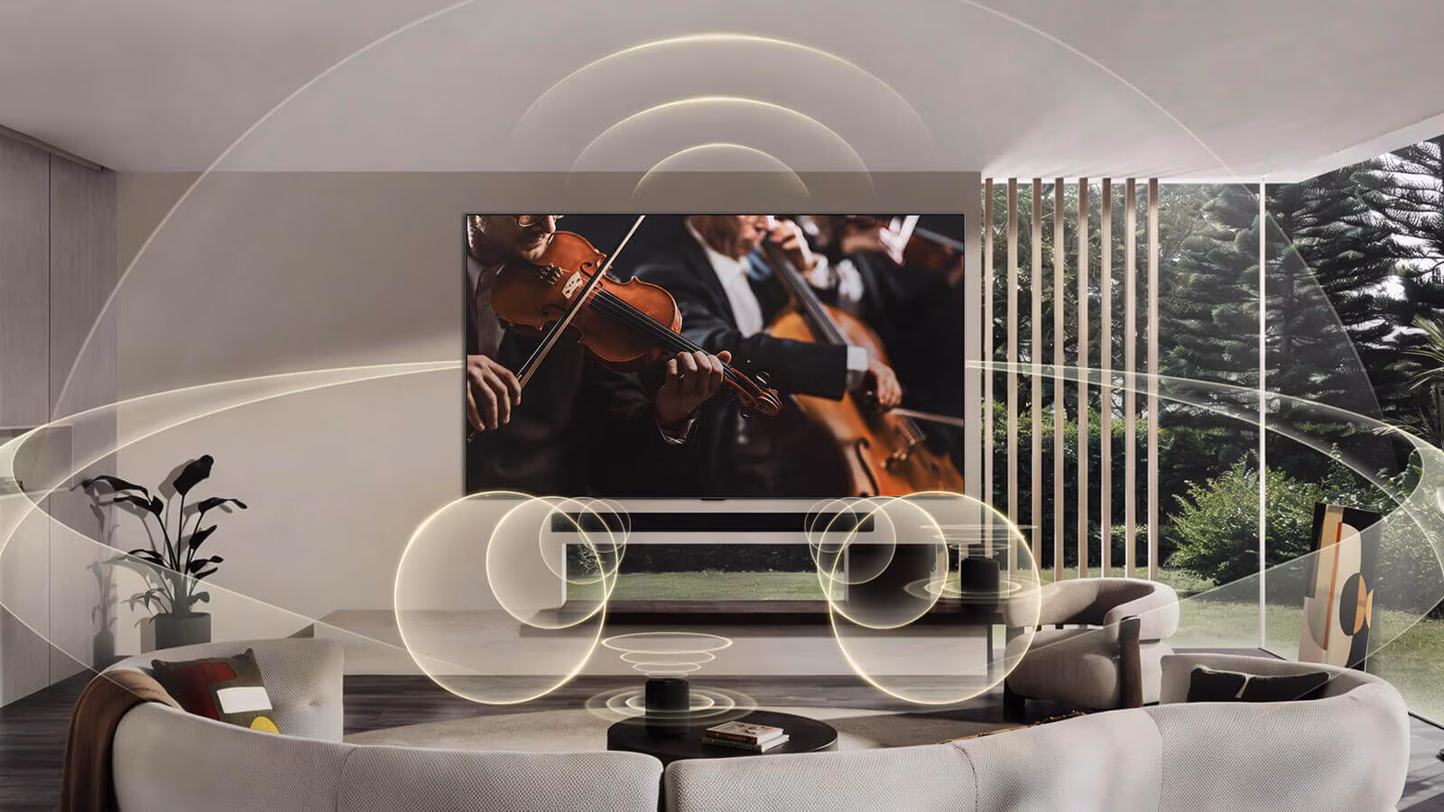 LG B6 TV and compatible LG soundbar with sound-wave illustration