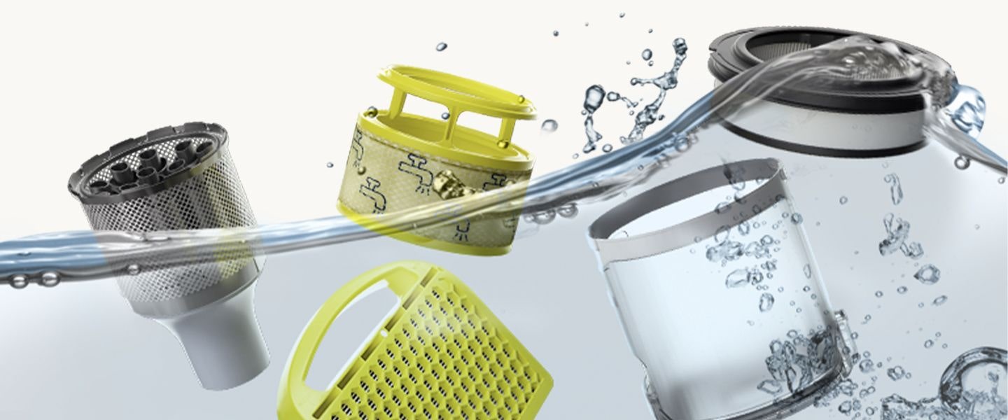 Washable cyclone and filters ensure cleanliness